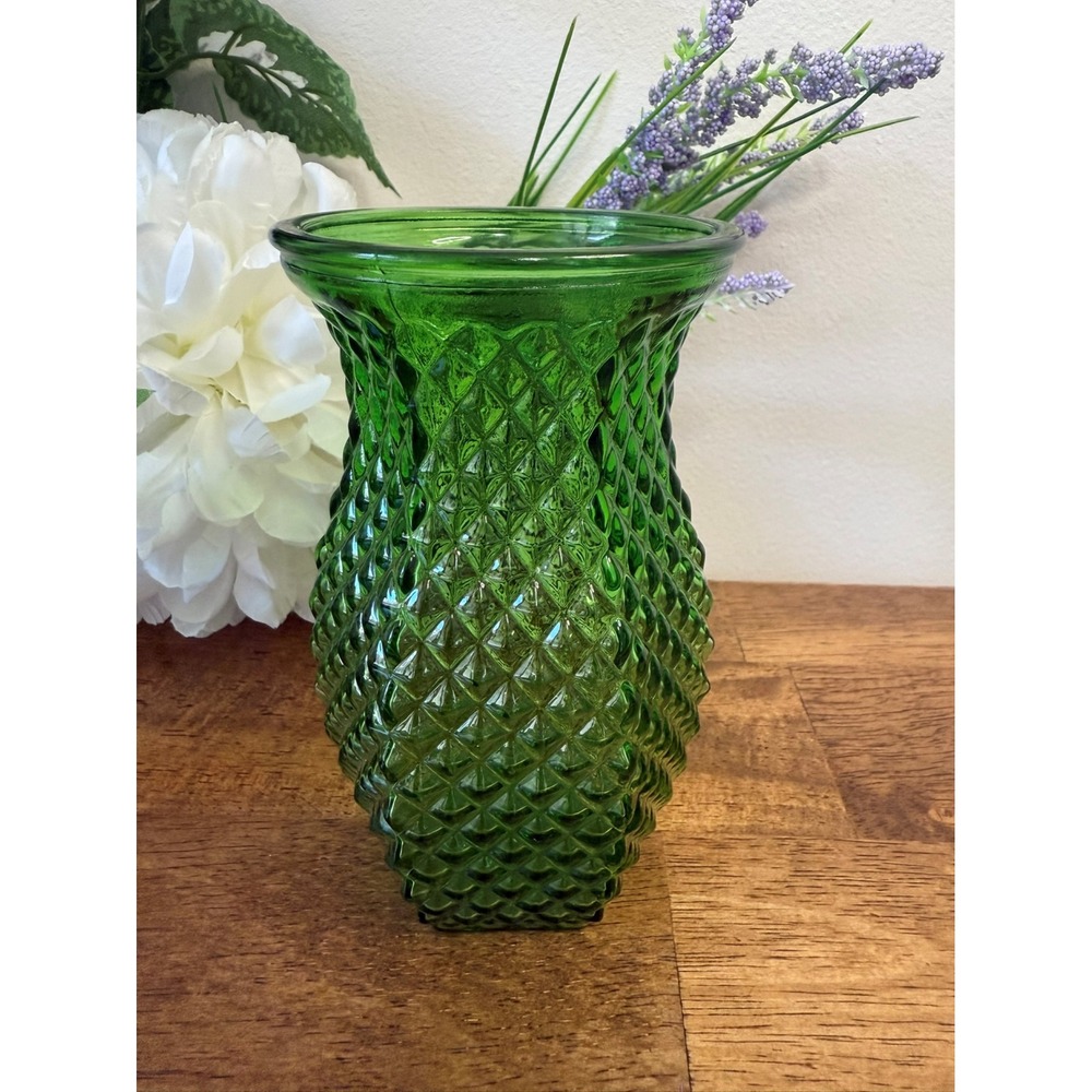 Vintage Mid Century Modern Green Glass Vase Diamond Quilted Retro‎ Emerald  MCM